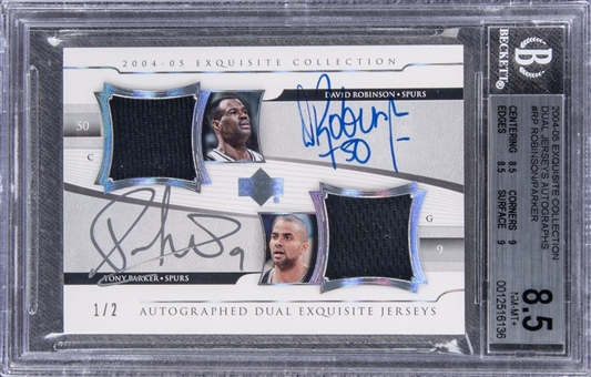 2004-05 UD "Exquisite Collection" Dual Jerseys Autographs #RP David Robinson/Tony Parker Dual Signed Game Used Patch Card (#1/2) – BGS NM-MT+ 8.5/BGS 8